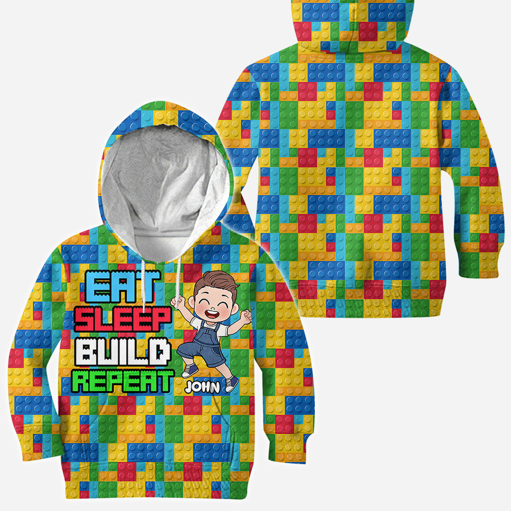 Personalized Fun Kids All Over Shirt with Name – Eat Sleep Build Repeat All Over Shirt GradoCreations