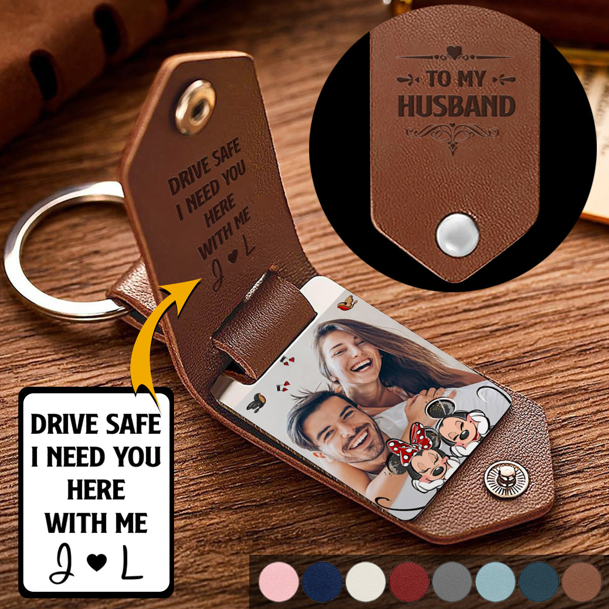 Personalized Leather Photo Keychain Couple Gift with Custom Message Leather Photo Keychain GradoCreations