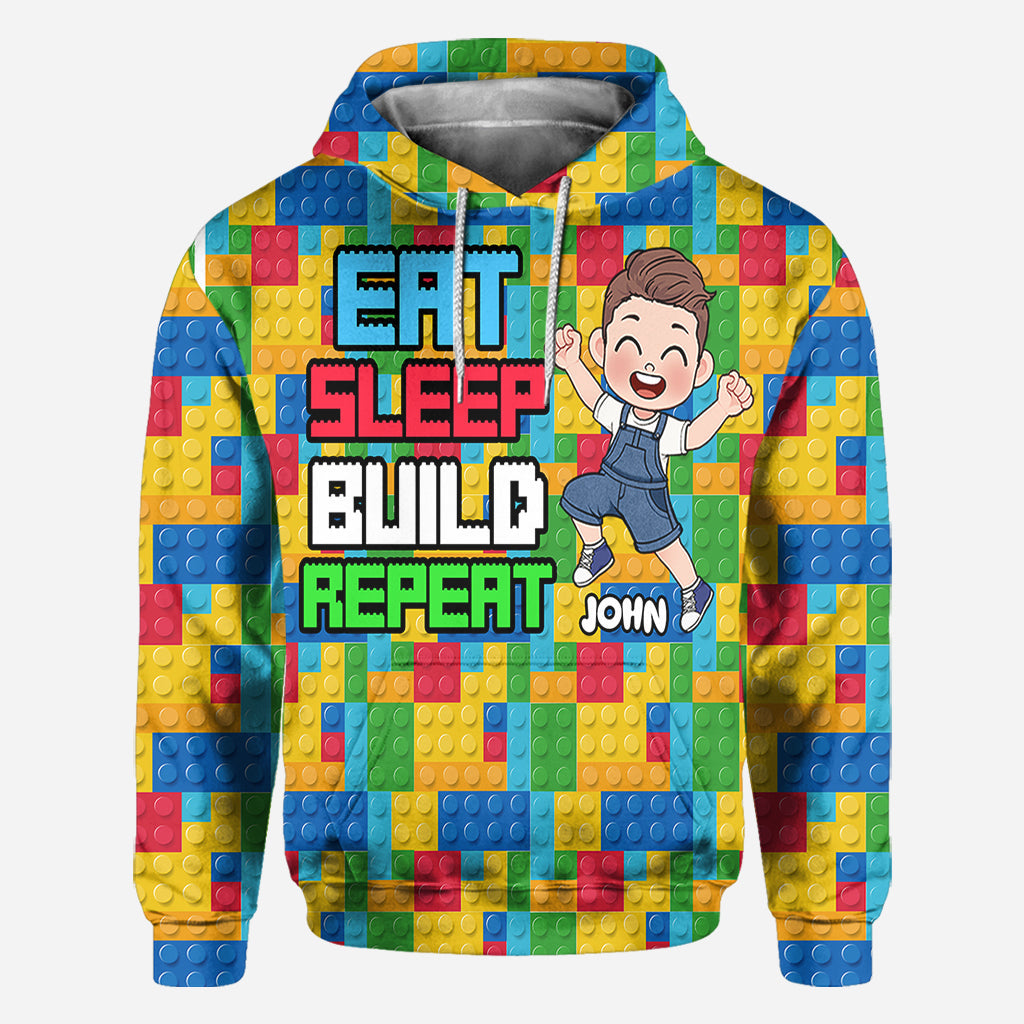 Personalized Fun Kids All Over Shirt with Name – Eat Sleep Build Repeat All Over Shirt GradoCreations