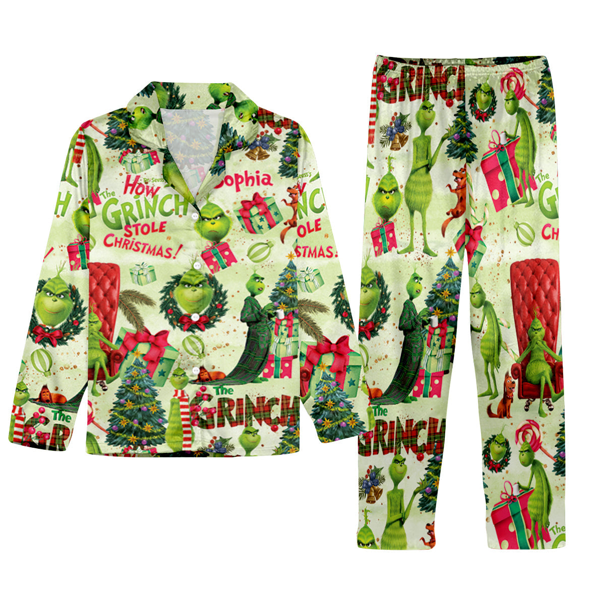 Personalized Grinch Christmas Button Down Pajamas for Couples Button Down Pajamas GradoCreations