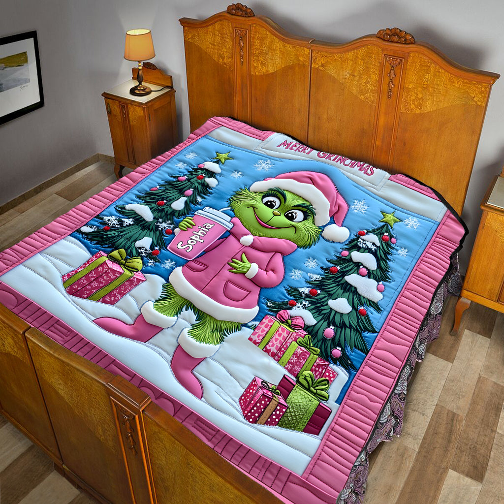 Personalized Grinch Christmas Quilt Custom Name Gift for Kids Quilt GradoCreations