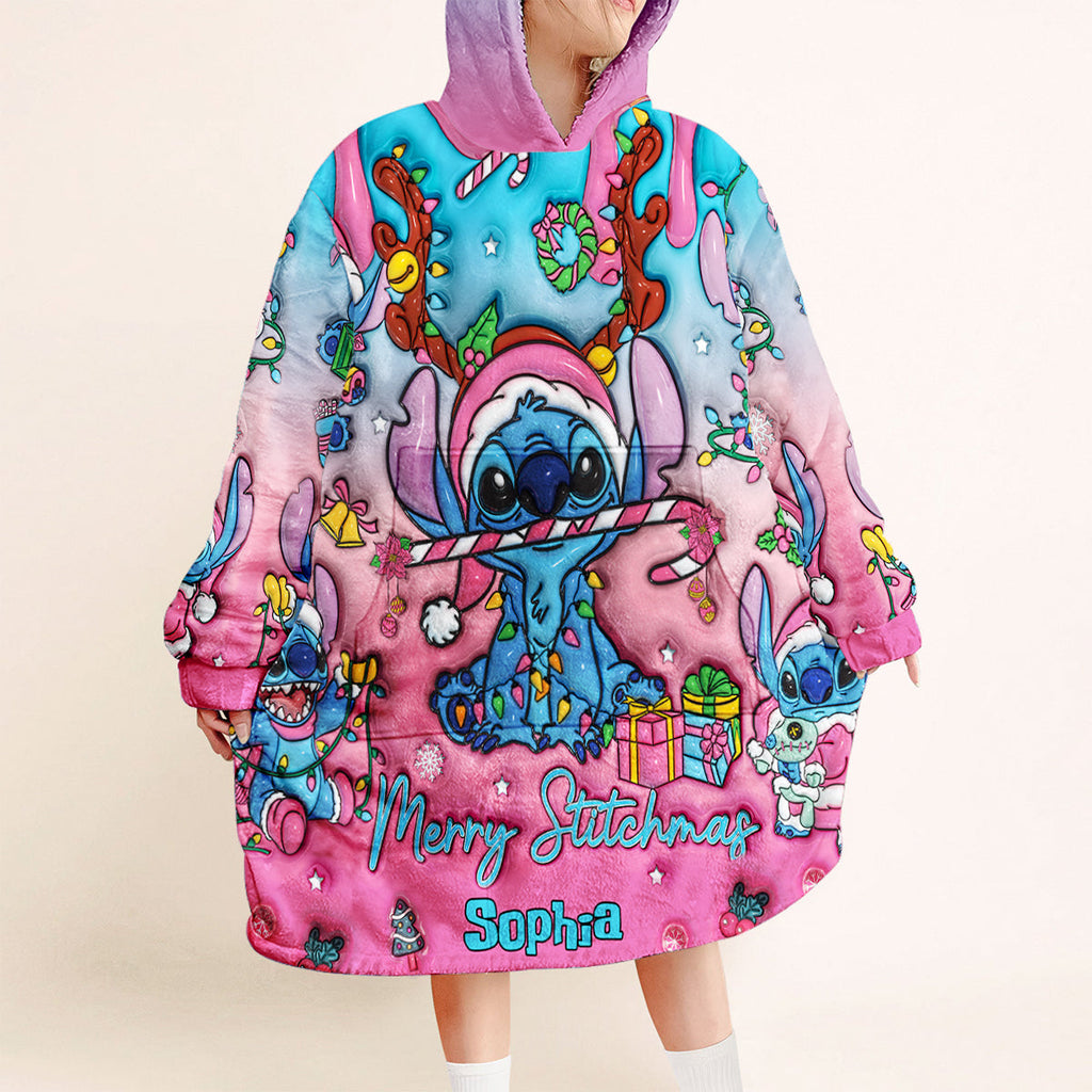 Personalized Merry Stitchmas Blanket Hoodie for Kids | Christmas Gift Blanket Hoodie GradoCreations