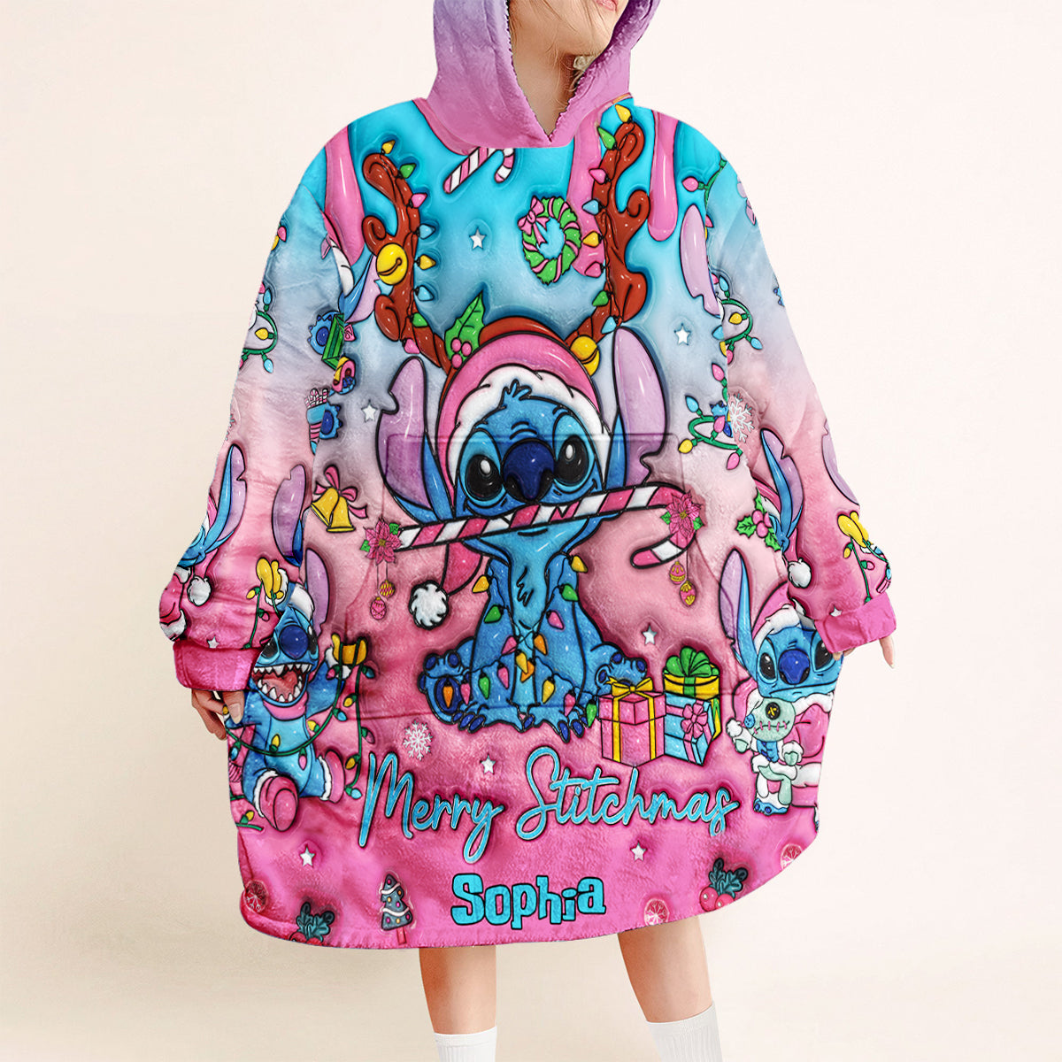 Personalized Merry Stitchmas Blanket Hoodie for Kids | Christmas Gift Blanket Hoodie GradoCreations