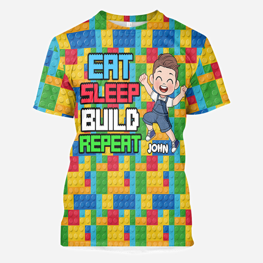 Personalized Fun Kids All Over Shirt with Name – Eat Sleep Build Repeat All Over Shirt GradoCreations