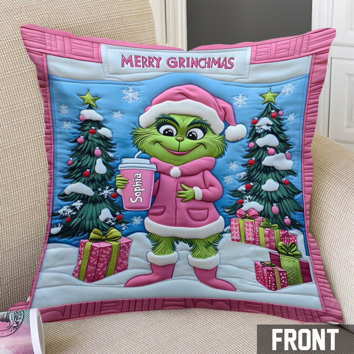 Personalized Grinch Christmas Throw Pillow Custom Name Gift Throw Pillow GradoCreations