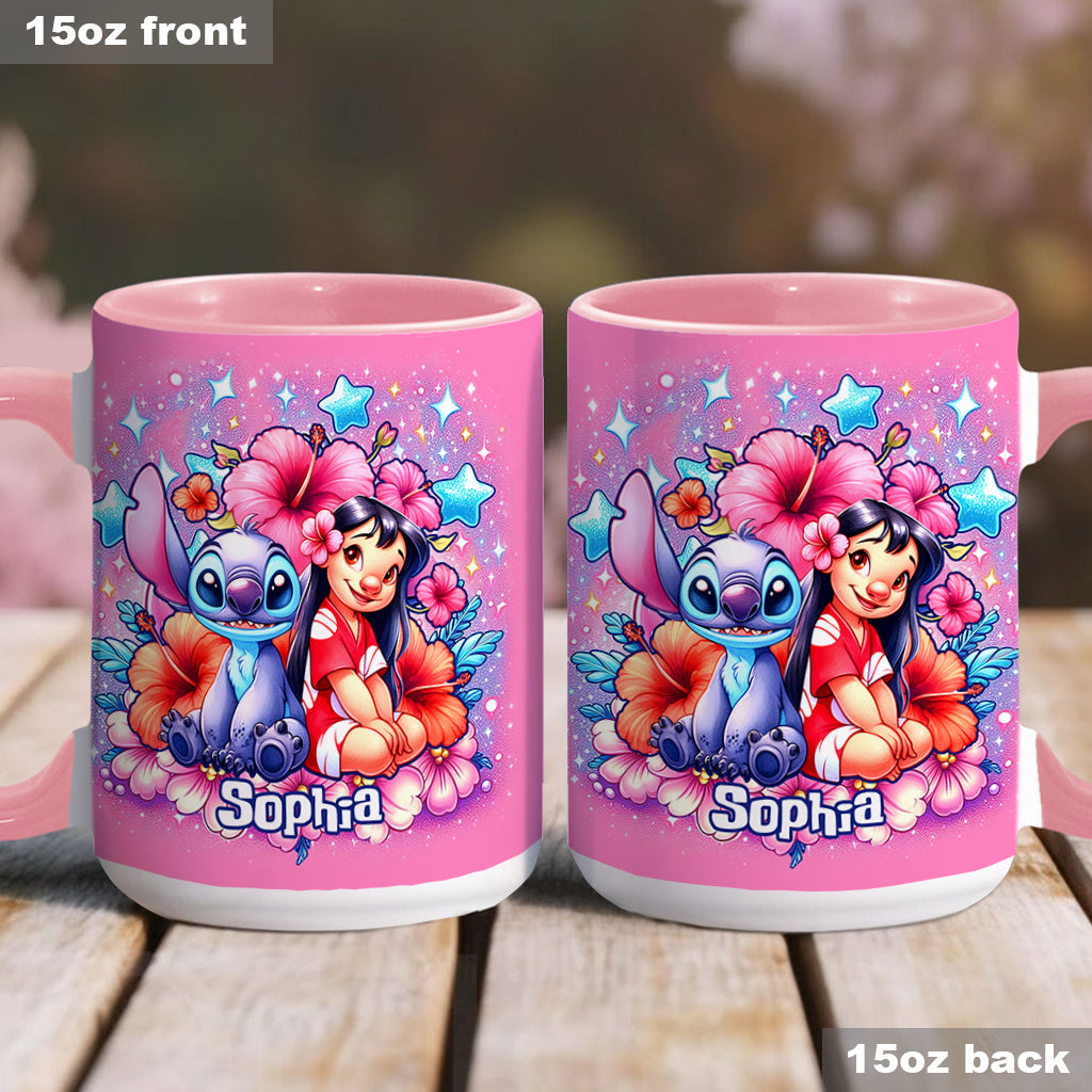 Personalized Pink Accent Mug with Ohana Bubble Flowers Design Accent Mug GradoCreations