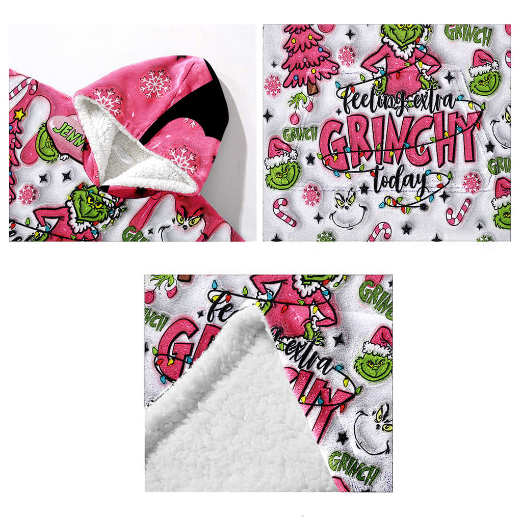 Personalized Grinchy Blanket Hoodie Custom Name Gift for Kids Blanket Hoodie GradoCreations