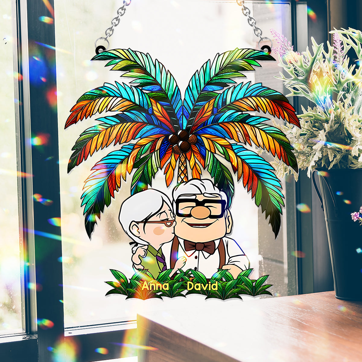 Personalized Palm Tree Suncatcher Ornament for Couples & Animal Lovers Window Hanging Suncatcher Ornament GradoCreations