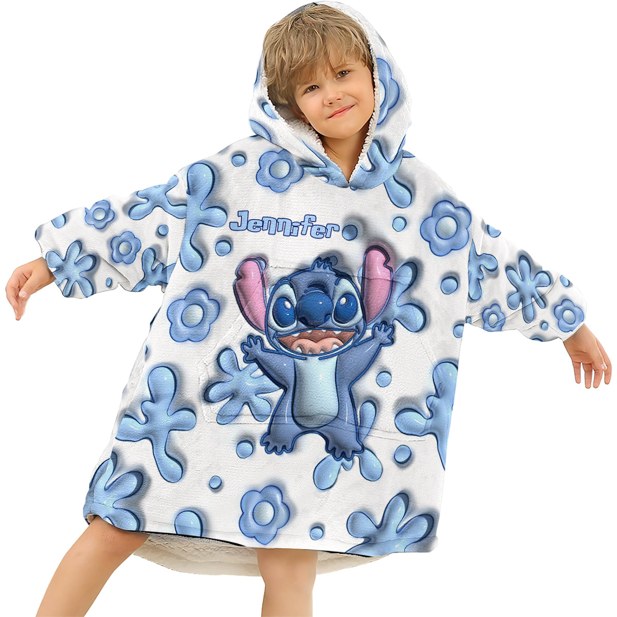 Personalized Blanket Hoodie with Custom Name and Stitch Design Blanket Hoodie GradoCreations