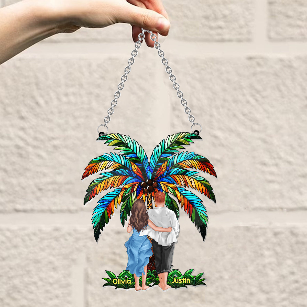 Personalized Couple Suncatcher Ornament Custom Name Gift Under Palm Tree Window Hanging Suncatcher Ornament GradoCreations