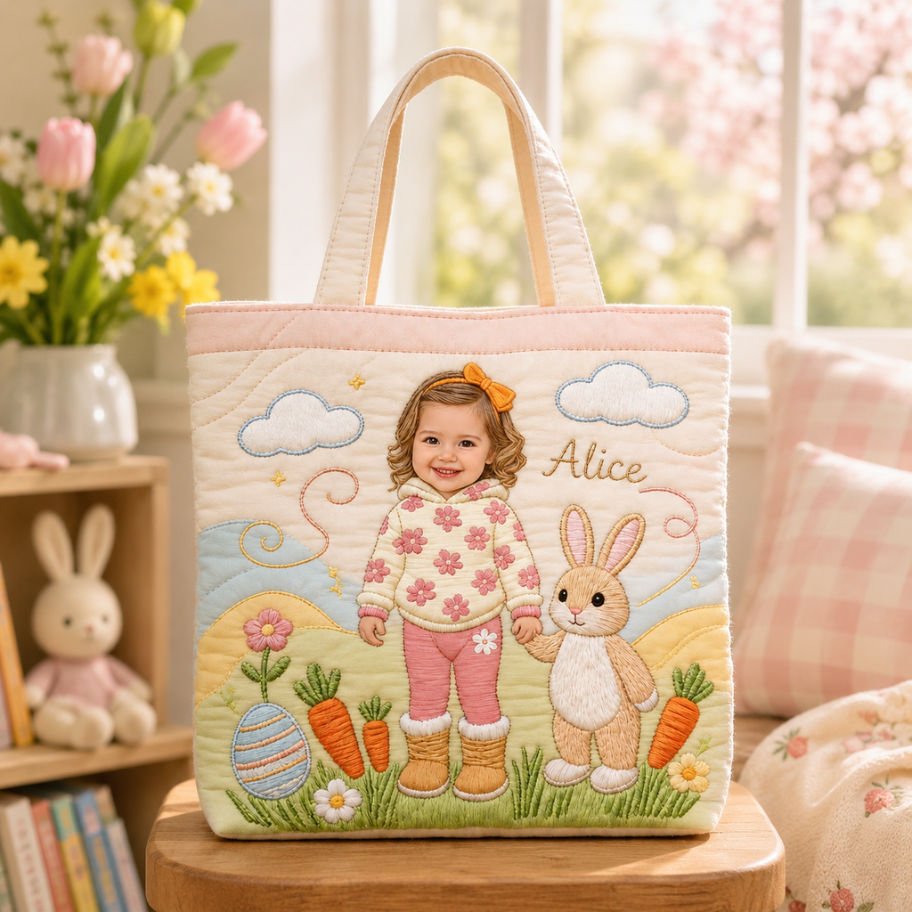 Personalized Quilted Tote Bag with Kid Photo & Easter Bunny Gift for Family
