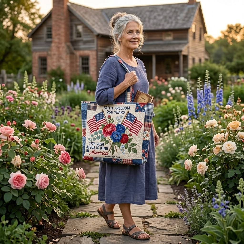 Patriotic Quilted Tote Bag with Jesus Is King Design - Gift for Her