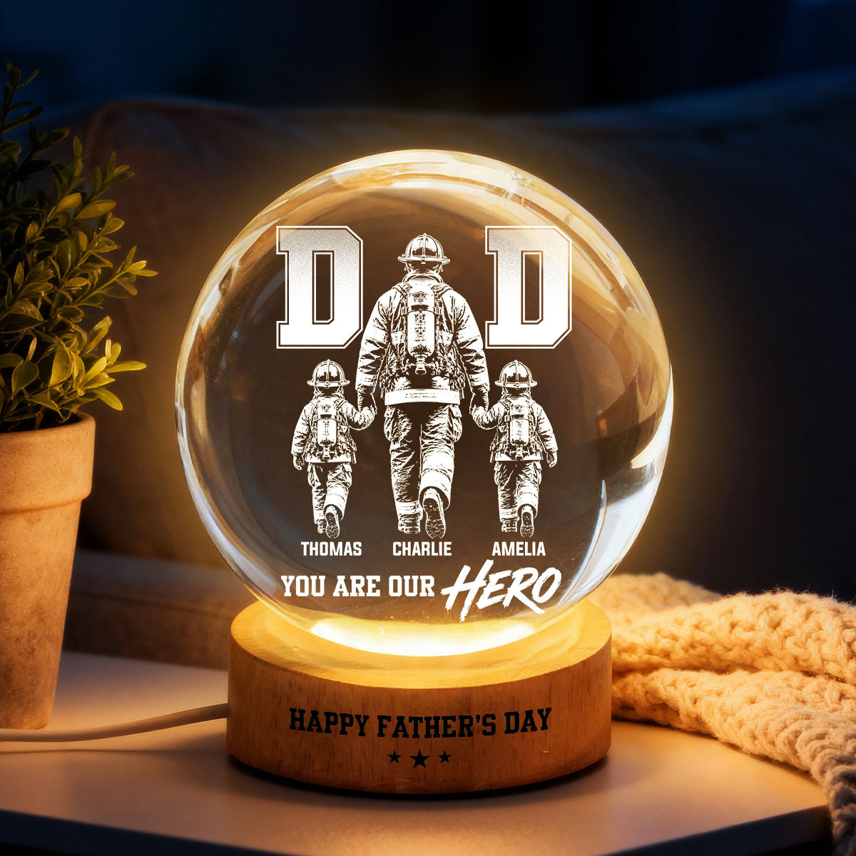 Personalized Firefighter Dad Crystal Globe Lamp Gift for Dad