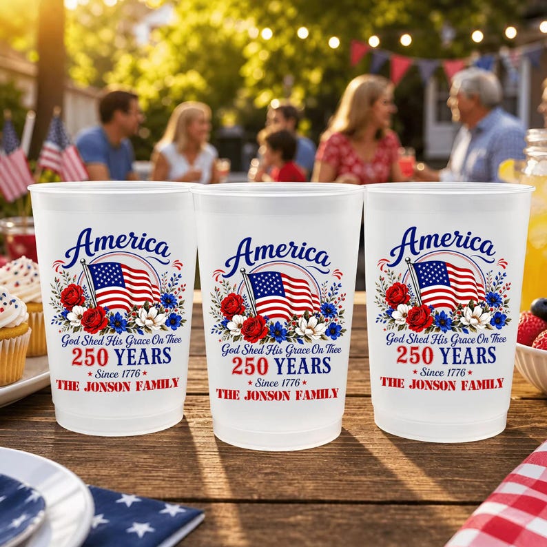 Personalized 250th Anniversary Frosted Cups for Patriotic Families