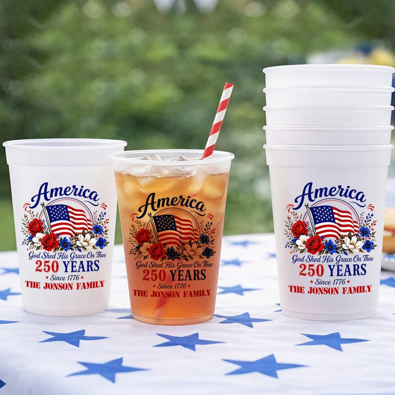 Personalized 250th Anniversary Frosted Cups for Patriotic Families