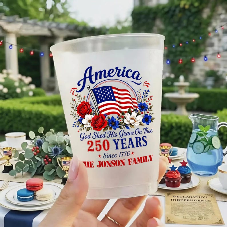 Personalized 250th Anniversary Frosted Cups for Patriotic Families