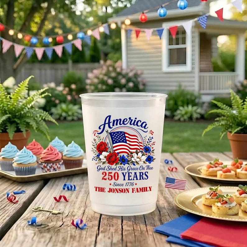 Personalized 250th Anniversary Frosted Cups for Patriotic Families