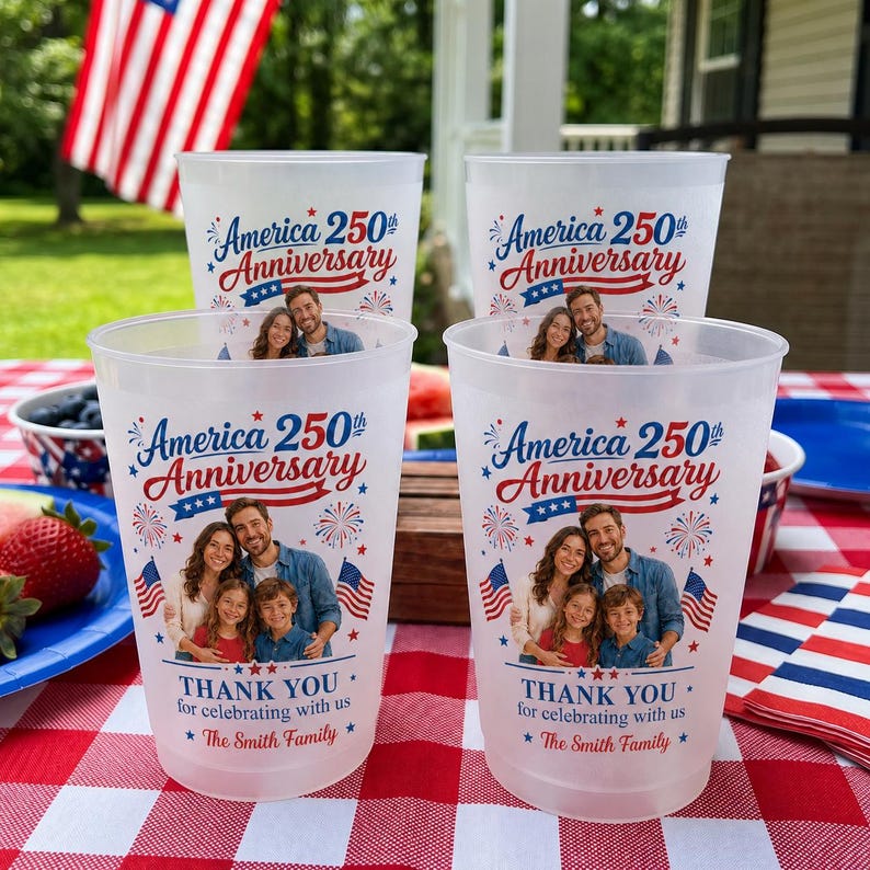 Personalized Frosted Cups Family Photo America 250th Anniversary Gift