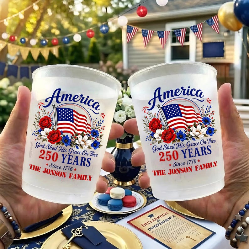 Personalized 250th Anniversary Frosted Cups for Patriotic Families