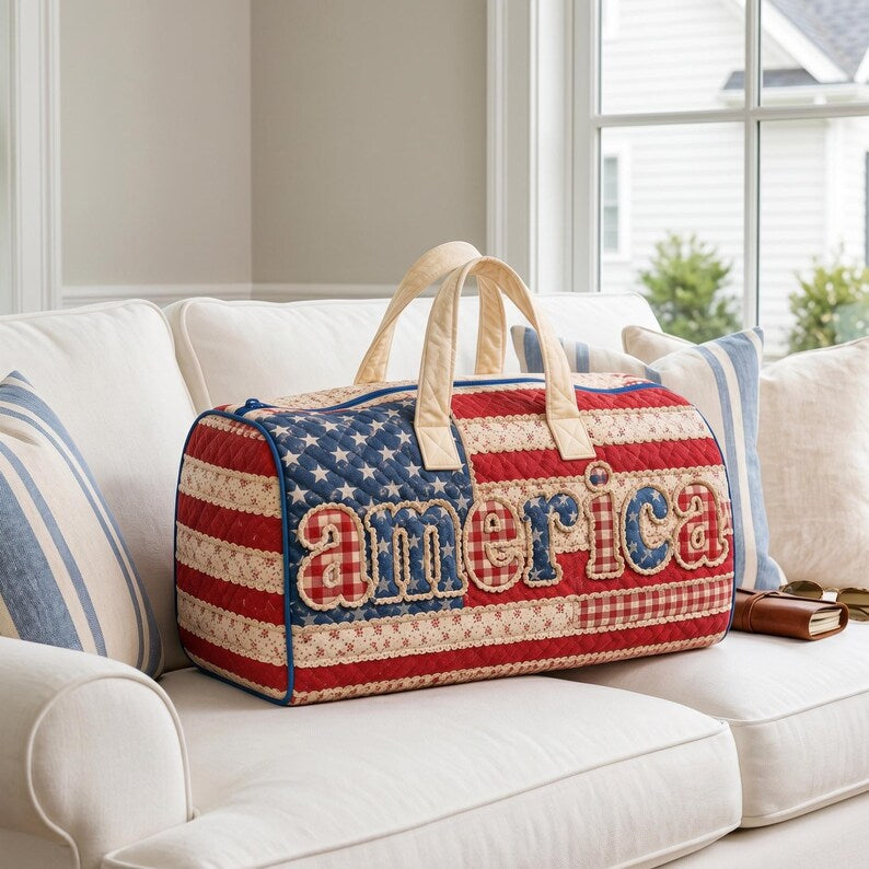 Personalized America Flag Quilted Duffle Bag Travel Gift for Patriots