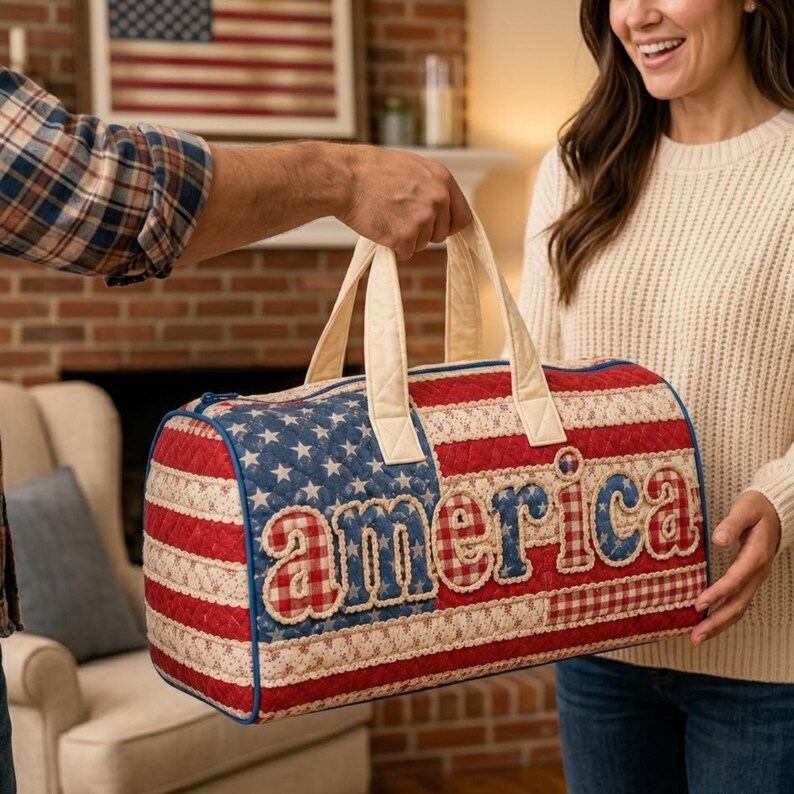 Personalized America Flag Quilted Duffle Bag Travel Gift for Patriots