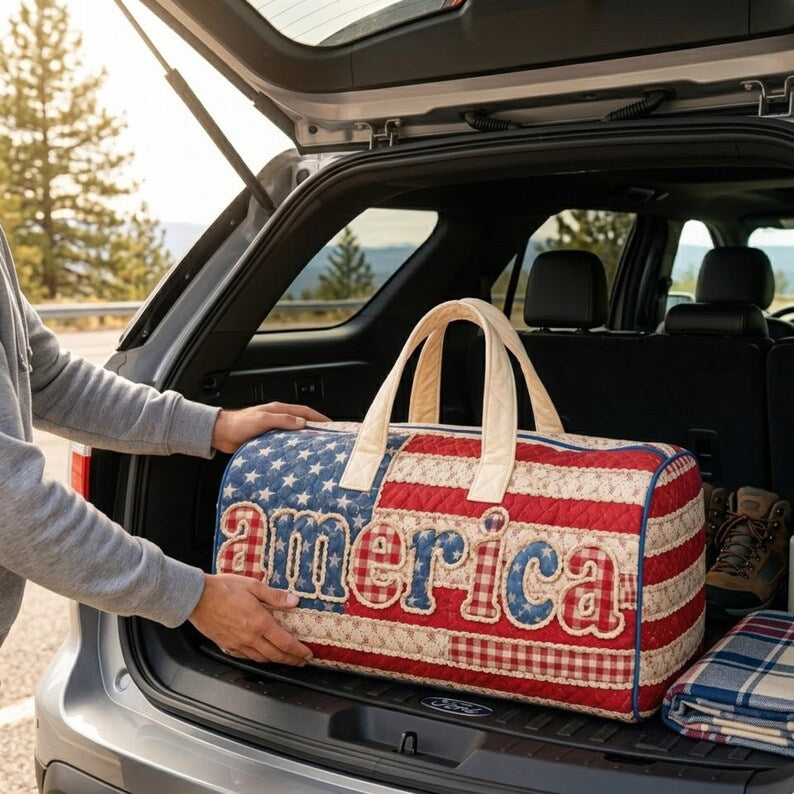 Personalized America Flag Quilted Duffle Bag Travel Gift for Patriots