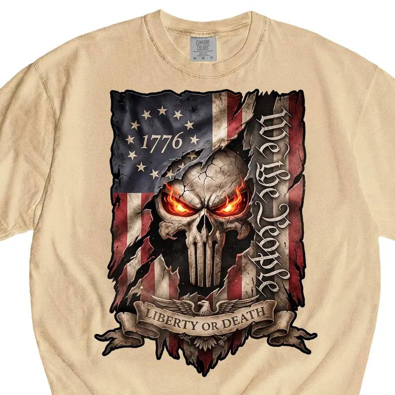 Personalized Comfort Shirt USA Patriotic Skull Graphic Gift Comfort Shirt FIX GradoCreations