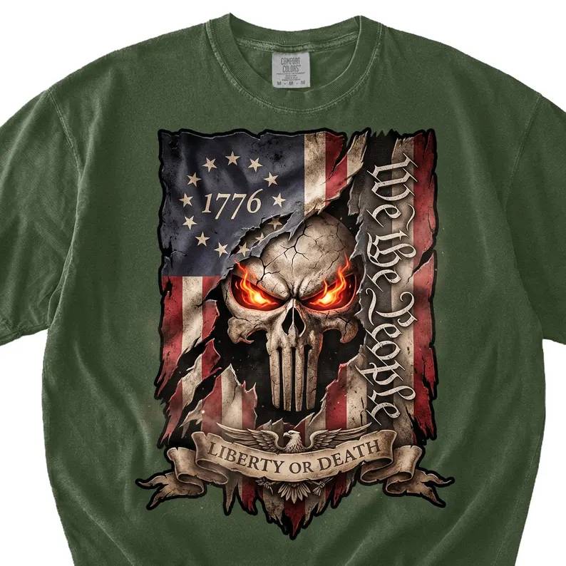 Personalized Comfort Shirt USA Patriotic Skull Graphic Gift Comfort Shirt FIX GradoCreations