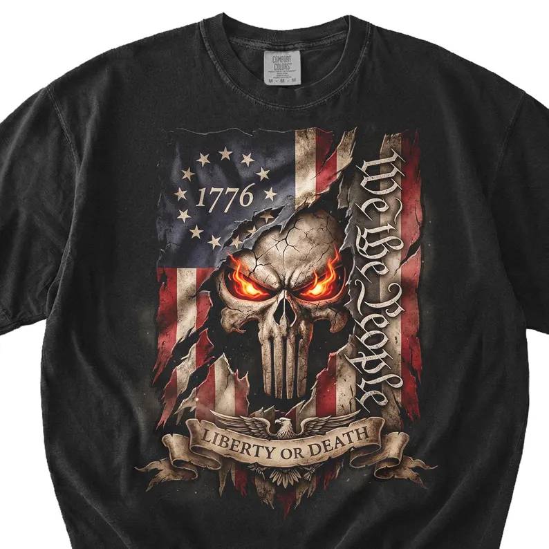 Personalized Comfort Shirt USA Patriotic Skull Graphic Gift Comfort Shirt FIX GradoCreations