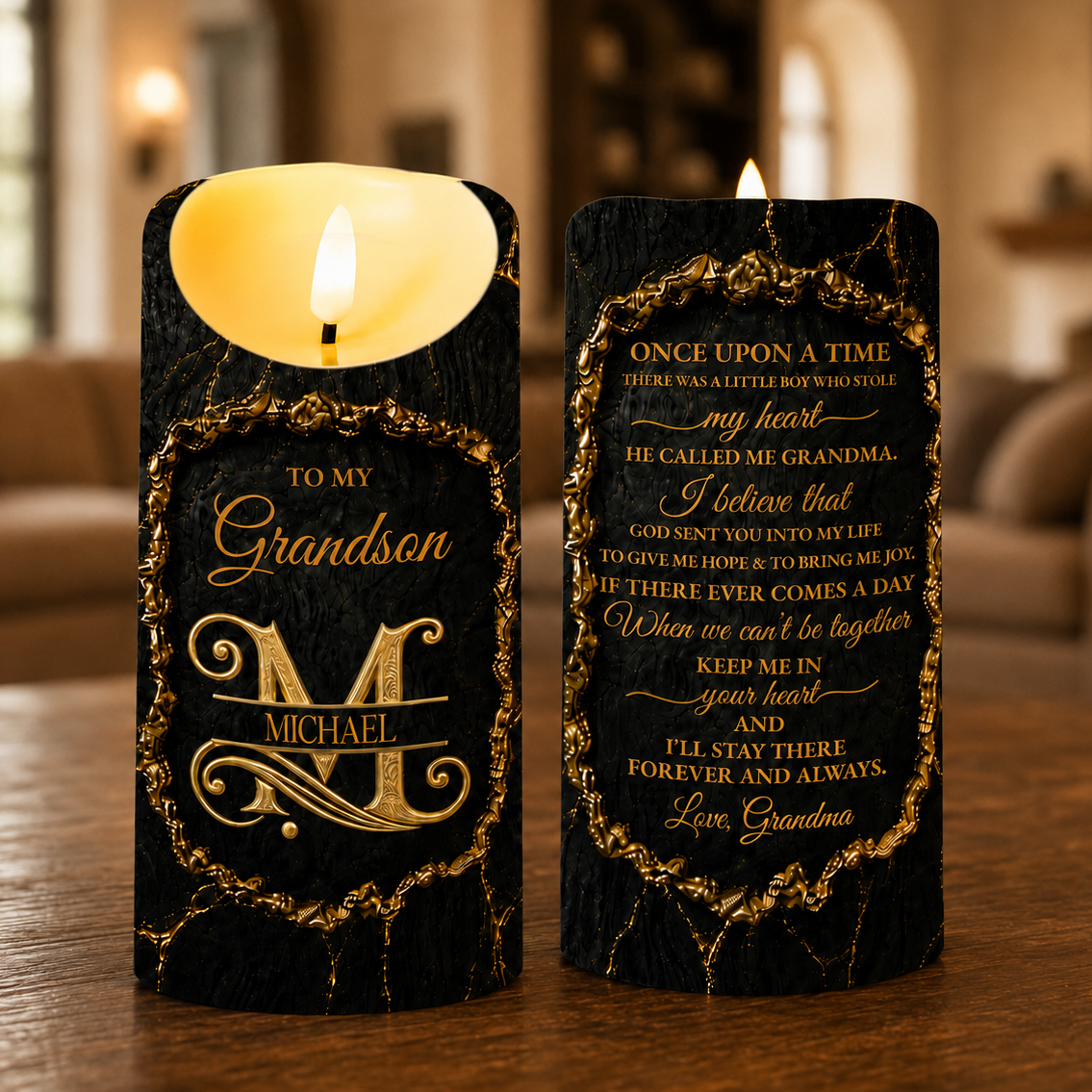 Personalized Flameless LED Candle Custom Golden Alphabet Art Gift for Grandson LED Candle GradoCreations
