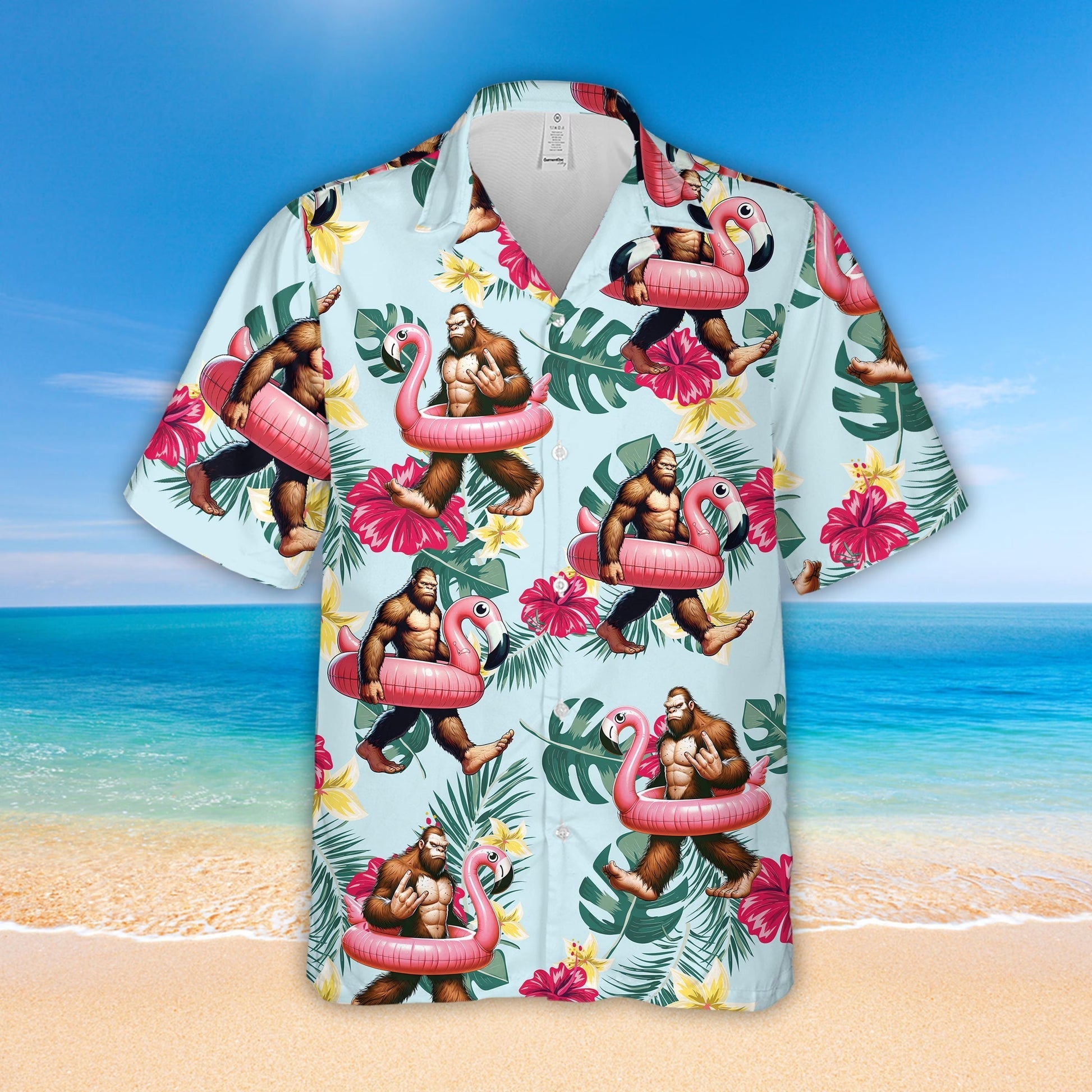Tropical Bigfoot Hawaiian Shirt with Flamingo Print, Unisex GradoCreations