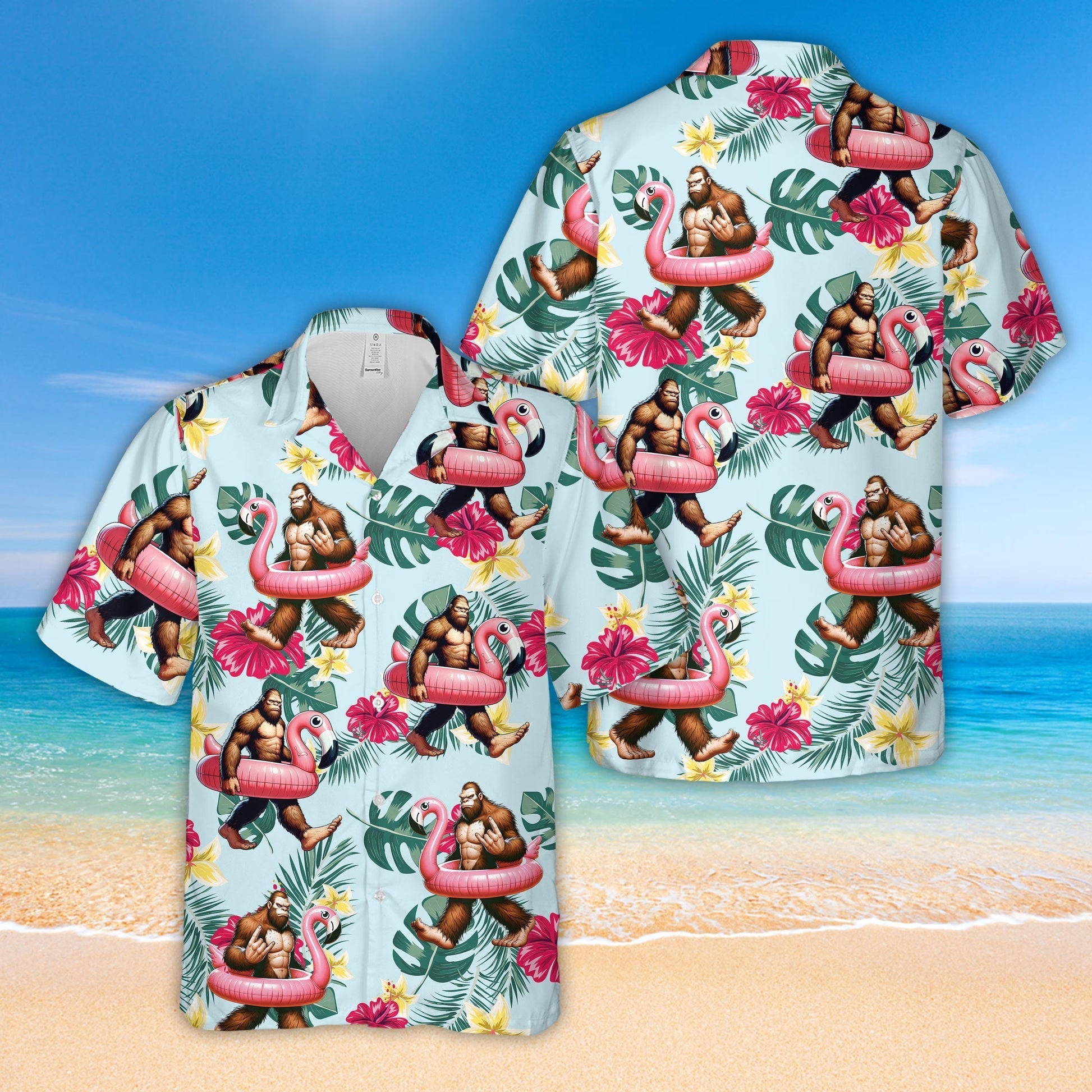 Tropical Bigfoot Hawaiian Shirt with Flamingo Print, Unisex GradoCreations