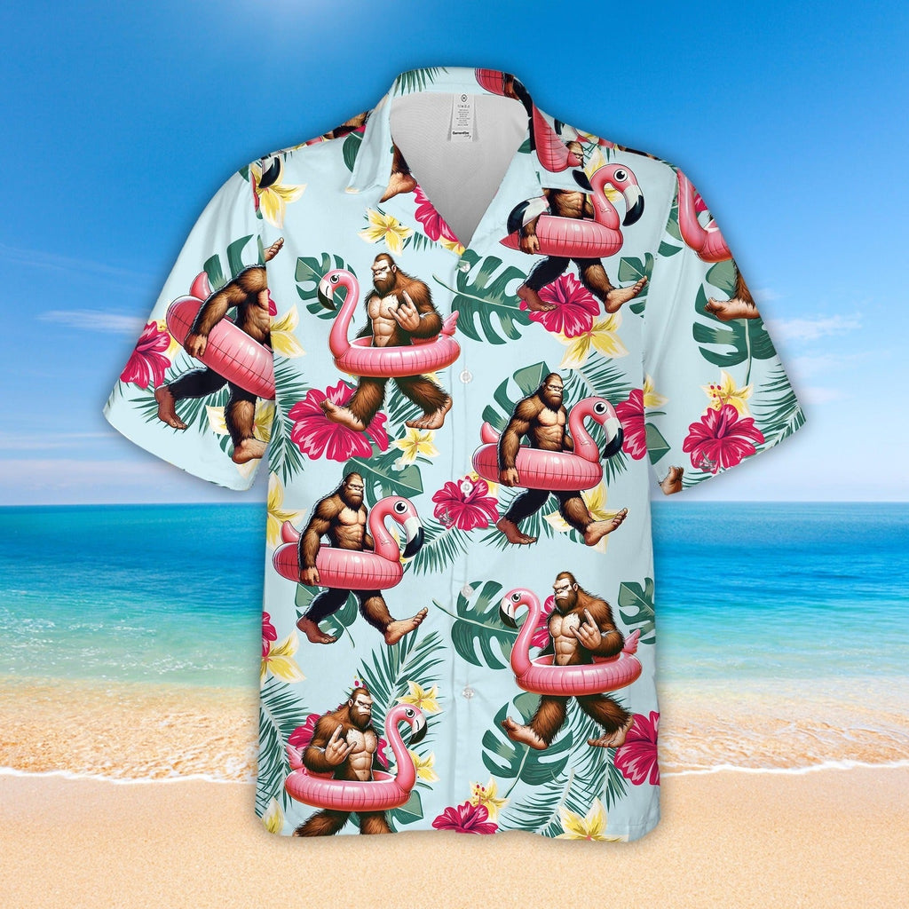 Tropical Bigfoot Hawaiian Shirt with Flamingo Print, Unisex GradoCreations