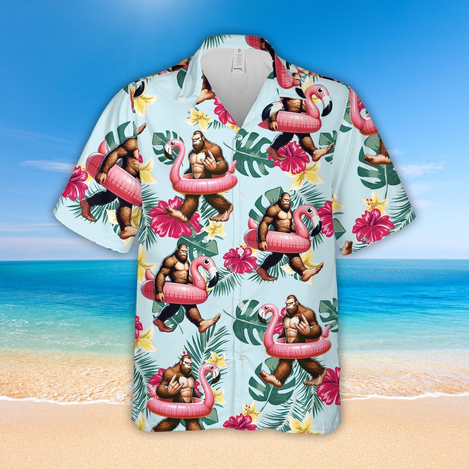Tropical Bigfoot Hawaiian Shirt with Flamingo Print, Unisex GradoCreations
