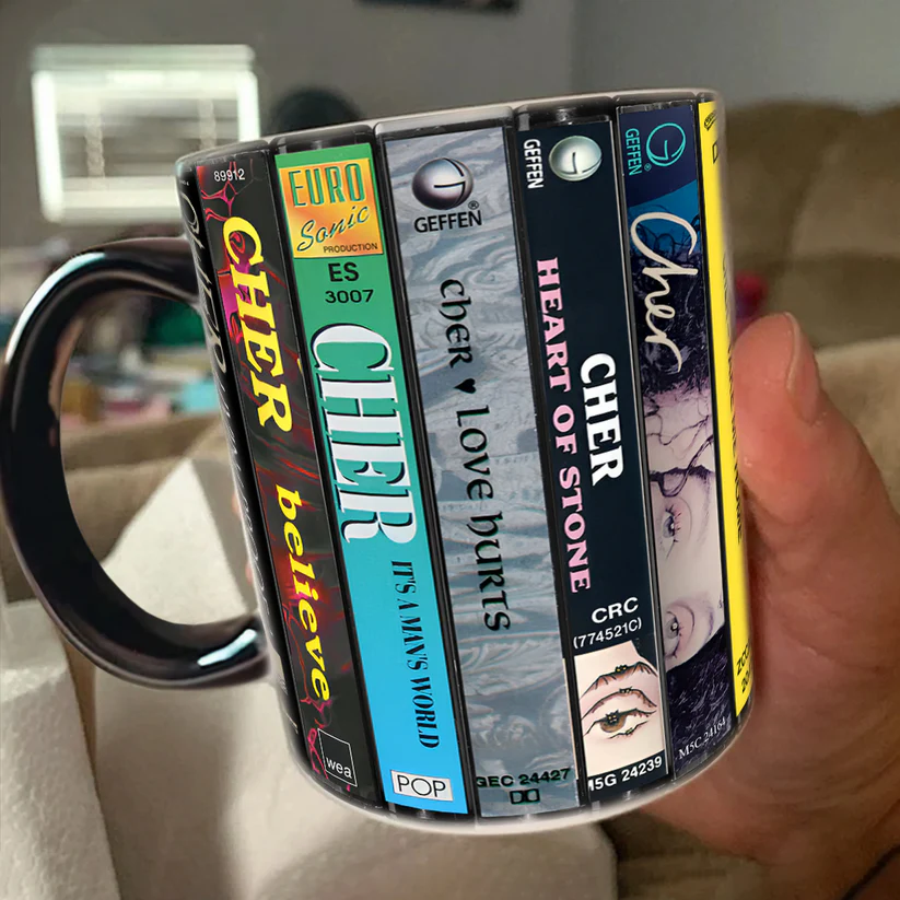 Vintage Cher Albums Cassette Print Accent Mug Ceramic Drinkware GradoCreations