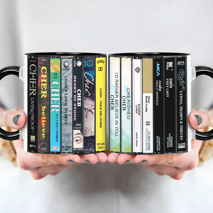 Vintage Cher Albums Cassette Print Accent Mug Ceramic Drinkware GradoCreations