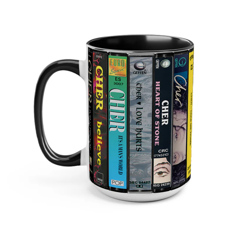 Vintage Cher Albums Cassette Print Accent Mug Ceramic Drinkware GradoCreations