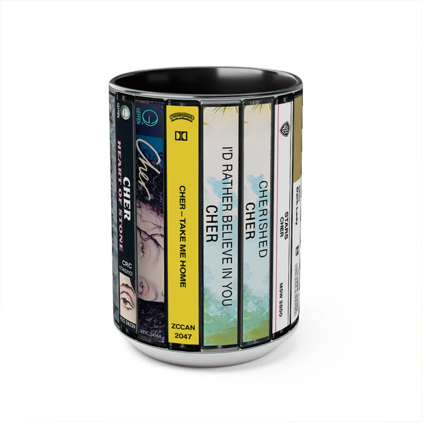 Vintage Cher Albums Cassette Print Accent Mug Ceramic Drinkware GradoCreations