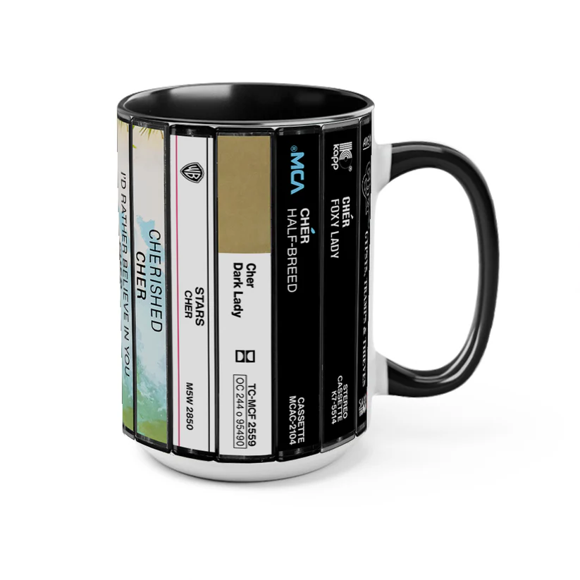 Vintage Cher Albums Cassette Print Accent Mug Ceramic Drinkware GradoCreations