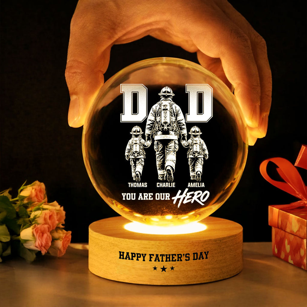Personalized Firefighter Dad Crystal Globe Lamp Gift for Dad