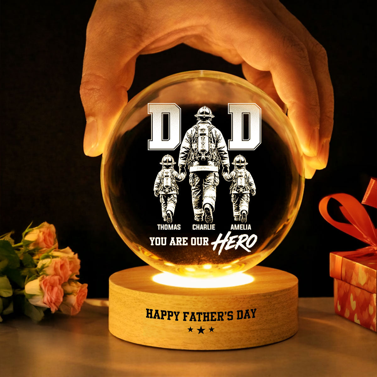 Personalized Firefighter Dad Crystal Globe Lamp Gift for Dad