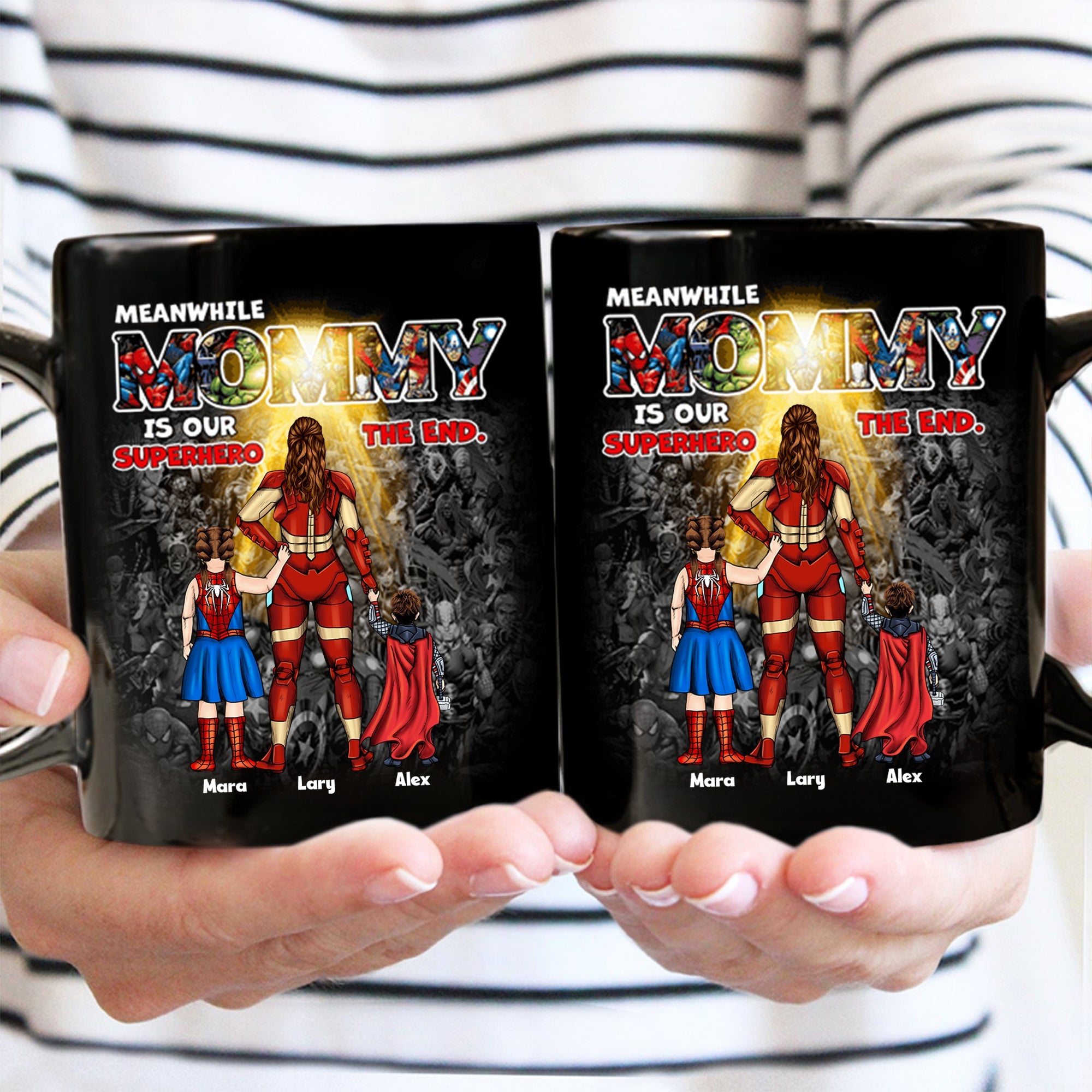Personalized Black Mug with Superhero Design Gift for Mom