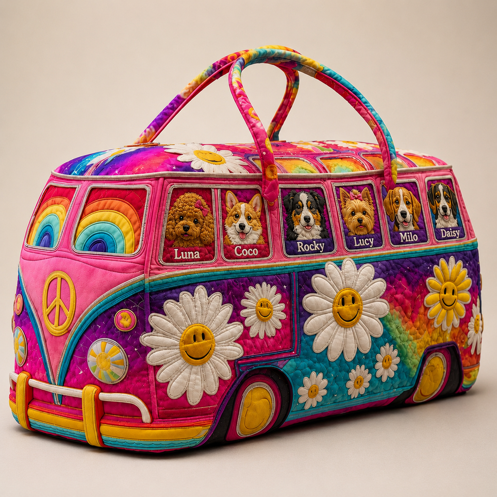Quilted Dog Duffle Bag with Hippie Van Design | Gift for Dog Mom