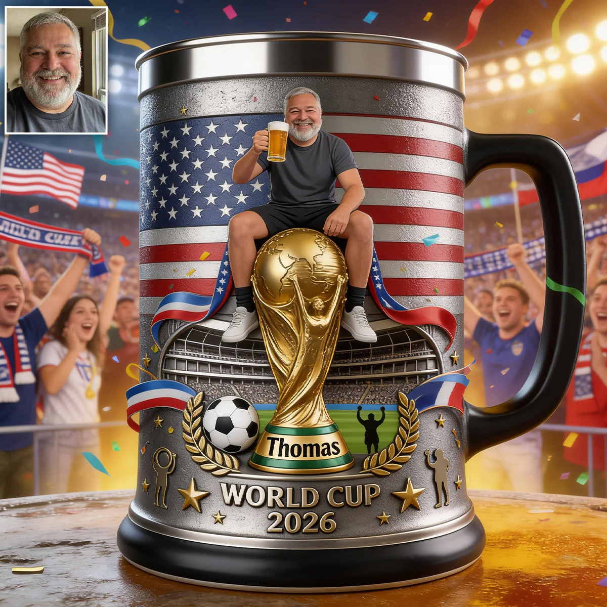 Personalized Photo Beer Stein Custom Name USA World Cup Gift for Football Fans