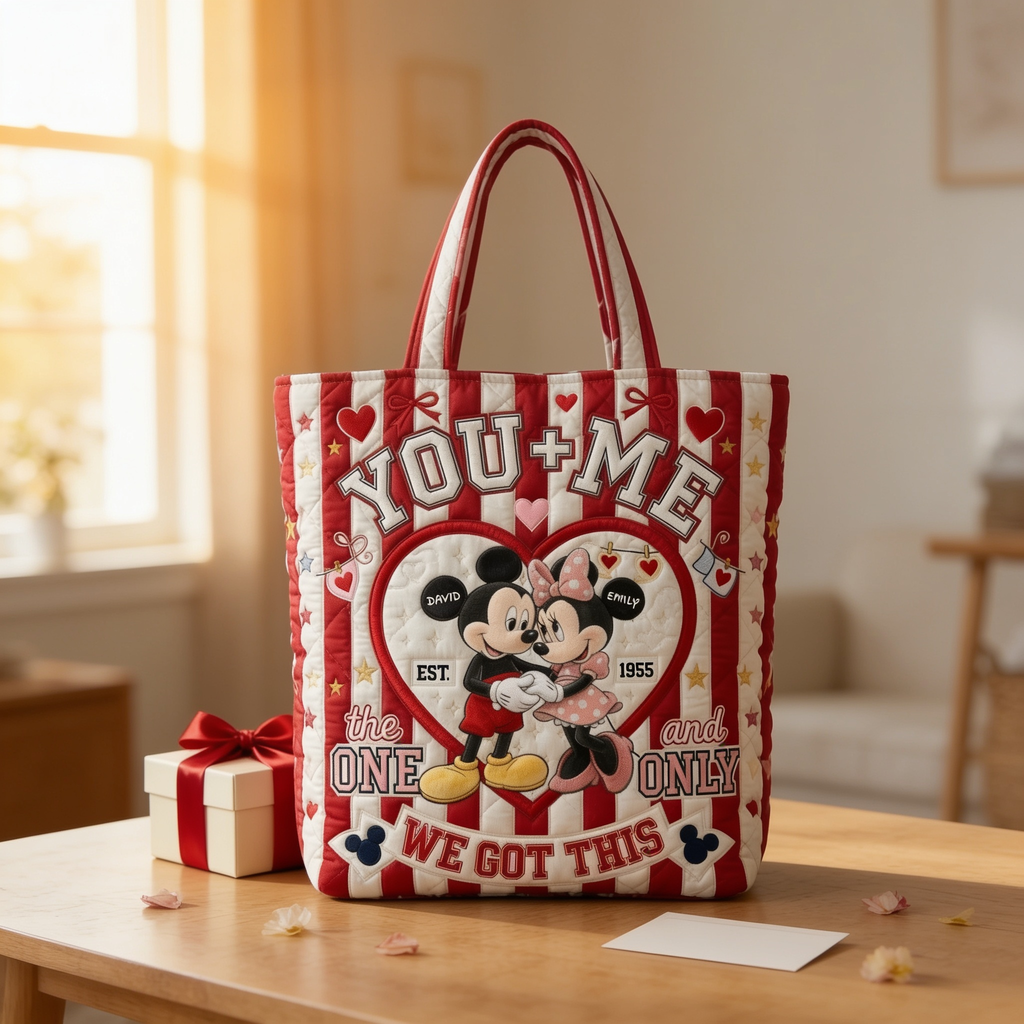 Personalized Quilted Tote Bag for Couples Gift - Custom Name Heart Design