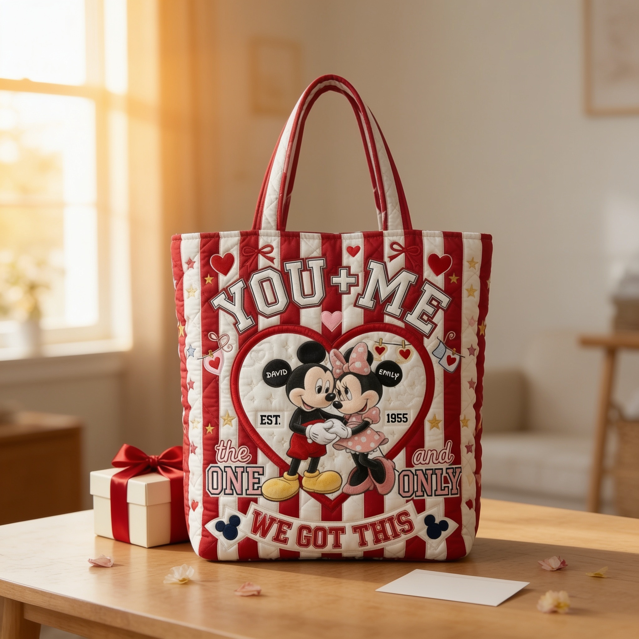 Personalized Quilted Tote Bag for Couples Gift - Custom Name Heart Design