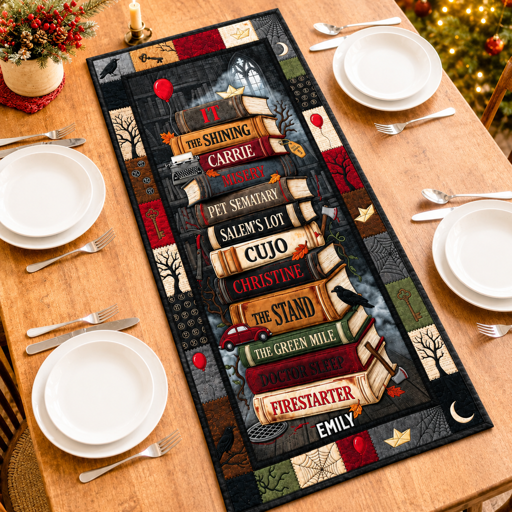 Personalized Quilted Table Runner with Horror Novel Quotes for Book Lovers Quilt Table Runner GradoCreations