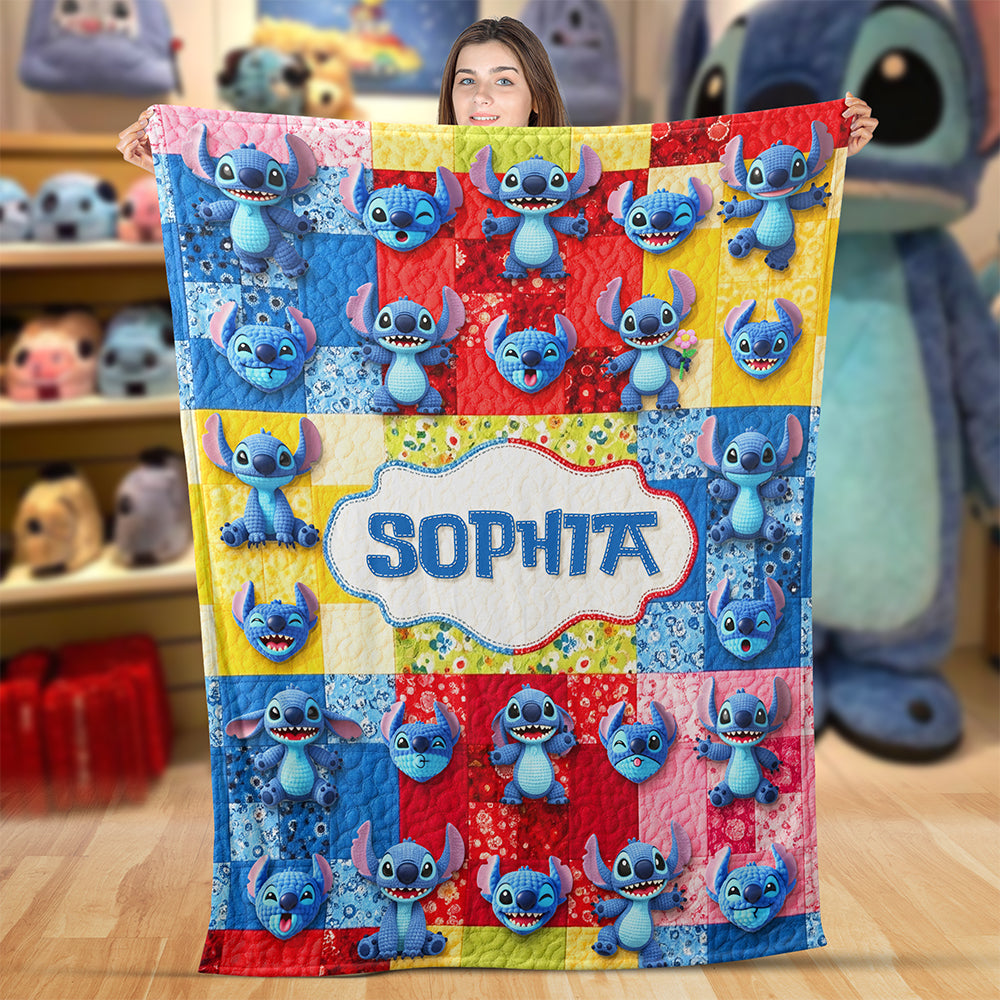 Personalized Cute Blue Stitch Blanket Custom Name Gift for Kids