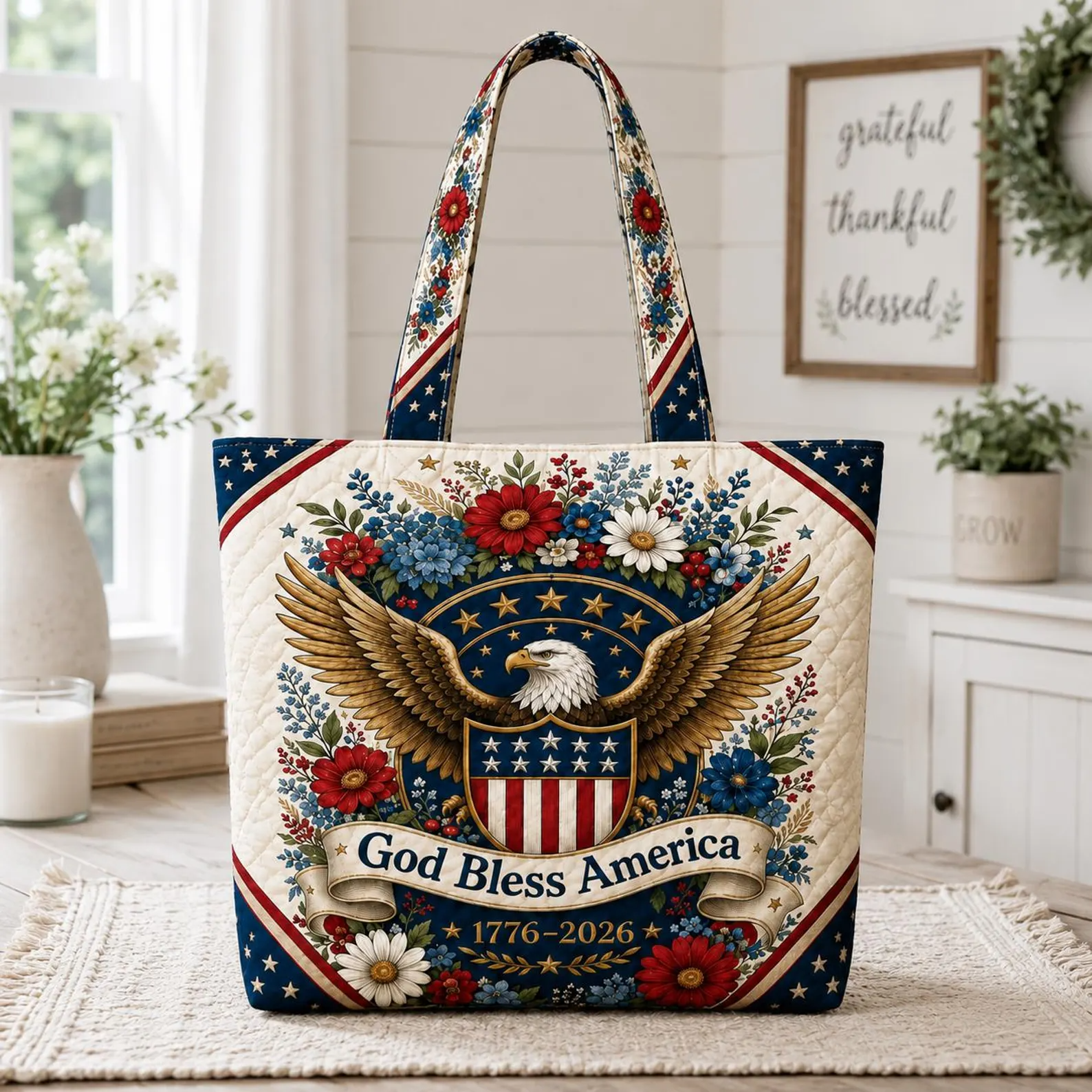 Patriotic Eagle Floral Quilted Tote Bag Gift for Patriots