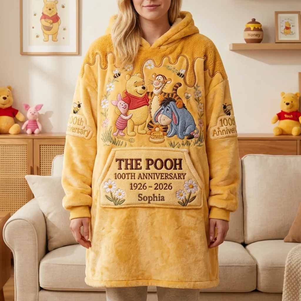Personalized Pooh Bear 100th Anniversary Blanket Hoodie for Kids & Adults Blanket Hoodie GradoCreations
